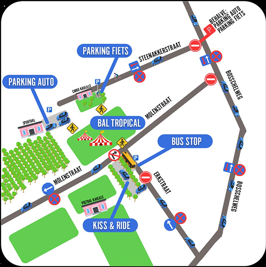 Een kaart van de omgeving van het Bal Tropical feestweekend.